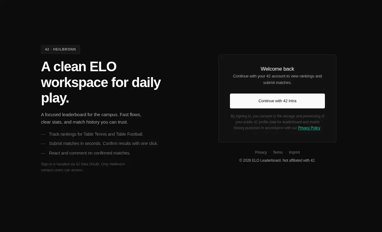 42 ELO Leaderboard competitive ranking system for students with real-time player ratings and match history